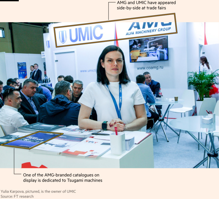 Annotated photo by Yulia Karpova of a woman standing at a table at a trade fair  Notes say that AMG and UMIC appeared side by side at the trade fair, and one of the AMG-branded catalogs on display was dedicated to the Sugami machine.