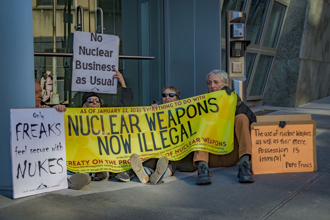 Demonstrators against nuclear weapons outside the US Mission to the United Nations.